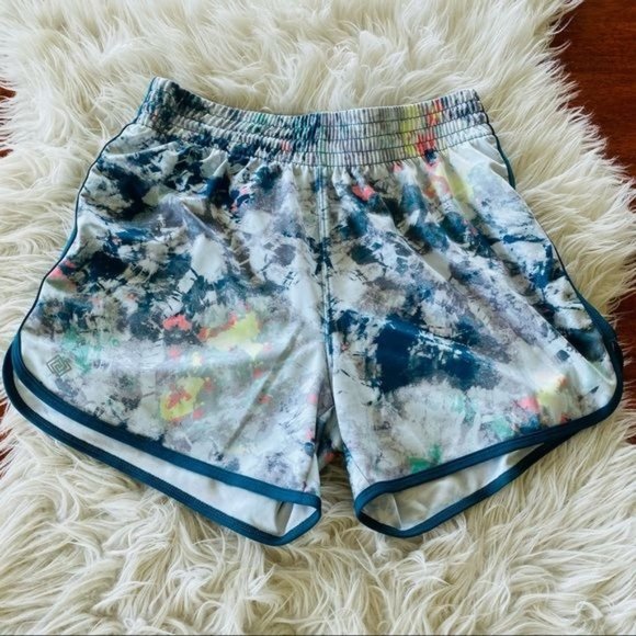 ZELOS Pants - Zelos Womens Watercolor Print Teal Trim 4" Inseam Running Shorts Multicolored Sm